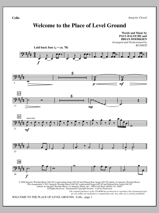 BJ Davis Welcome To The Place Of Level Ground - Cello sheet music notes and chords arranged for Choir Instrumental Pak
