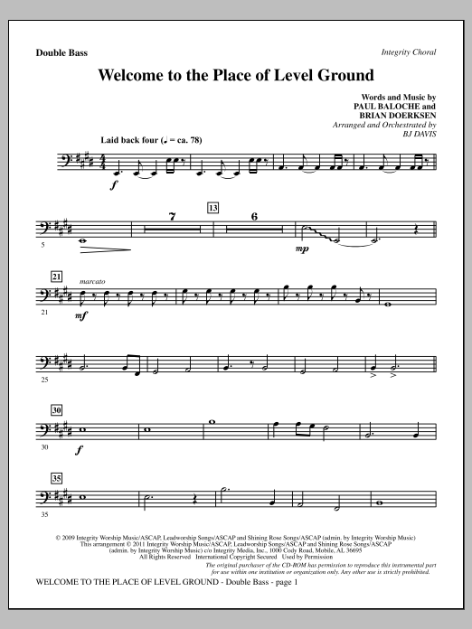 BJ Davis Welcome To The Place Of Level Ground - Double Bass sheet music notes and chords arranged for Choir Instrumental Pak