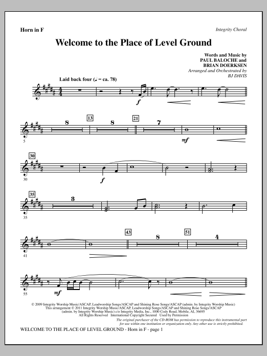 BJ Davis Welcome To The Place Of Level Ground - F Horn sheet music notes and chords arranged for Choir Instrumental Pak