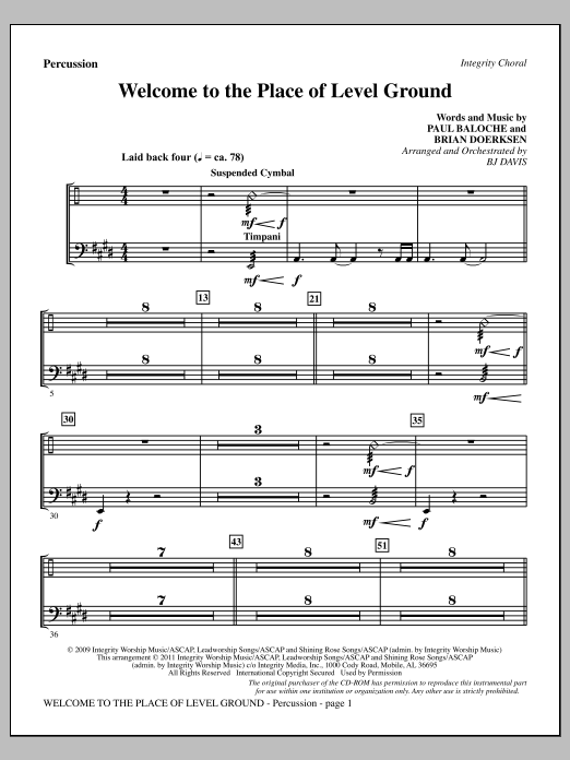 BJ Davis Welcome To The Place Of Level Ground - Percussion sheet music notes and chords arranged for Choir Instrumental Pak