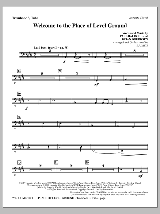 BJ Davis Welcome To The Place Of Level Ground - Trombone 3/Tuba sheet music notes and chords arranged for Choir Instrumental Pak