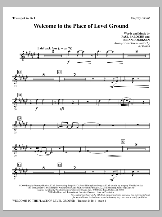BJ Davis Welcome To The Place Of Level Ground - Trumpet 1 sheet music notes and chords arranged for Choir Instrumental Pak
