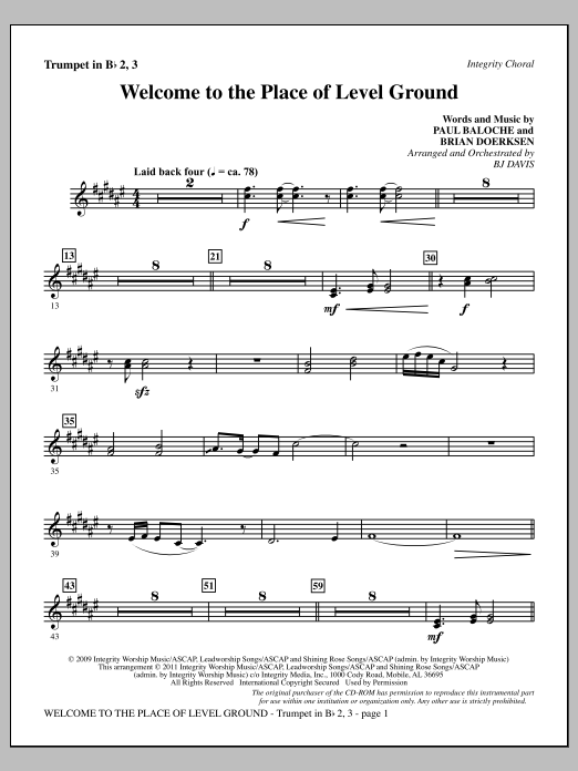 BJ Davis Welcome To The Place Of Level Ground - Trumpet 2 & 3 sheet music notes and chords arranged for Choir Instrumental Pak
