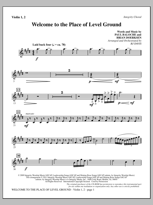 BJ Davis Welcome To The Place Of Level Ground - Violin 1, 2 sheet music notes and chords arranged for Choir Instrumental Pak