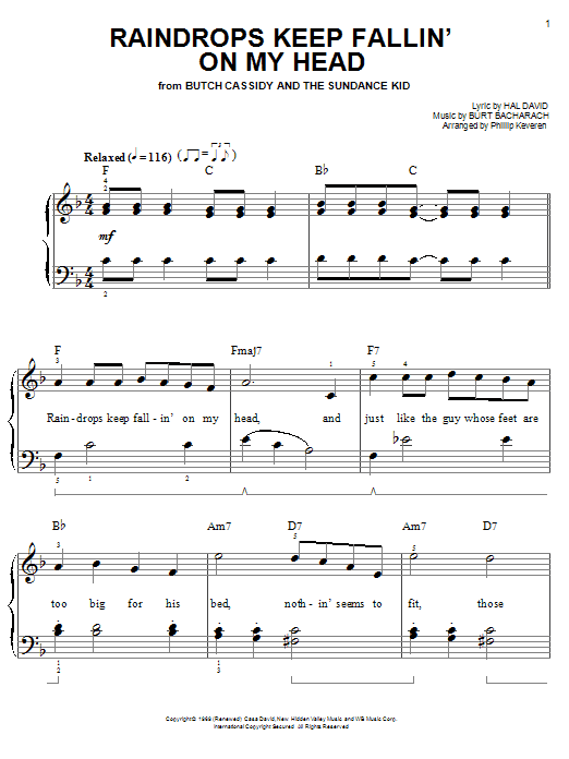B.J. Thomas Raindrops Keep Fallin' On My Head (arr. Phillip Keveren) sheet music notes and chords arranged for Easy Piano