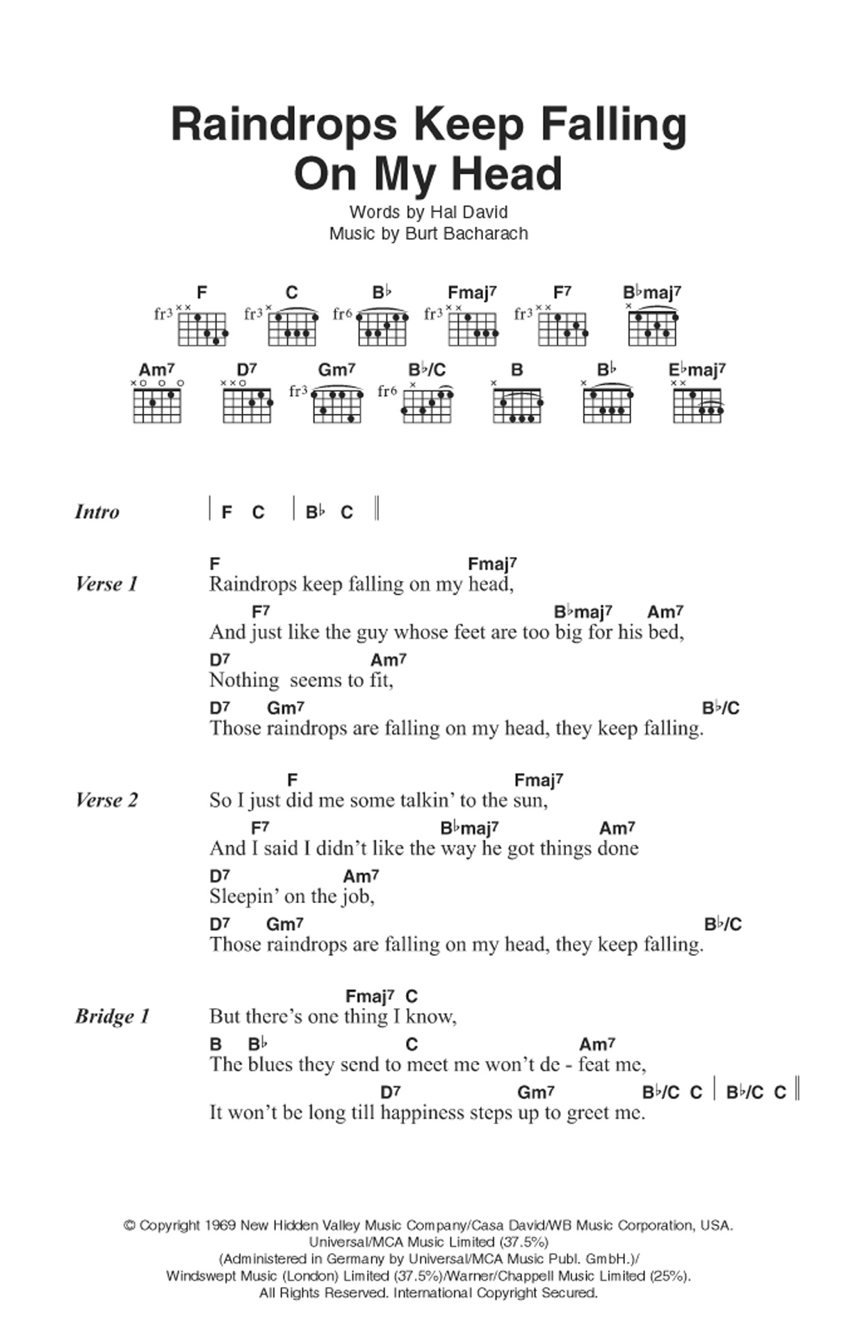 B.J. Thomas Raindrops Keep Falling On My Head sheet music notes and chords arranged for Guitar Chords/Lyrics