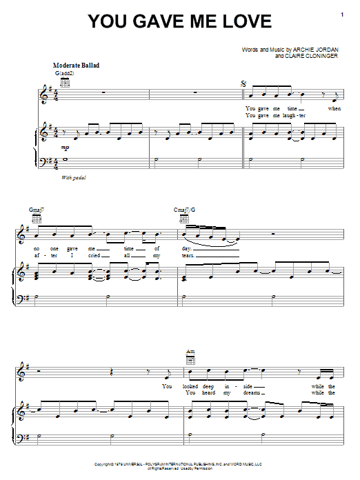 B.J. Thomas You Gave Me Love sheet music notes and chords arranged for Piano, Vocal & Guitar Chords (Right-Hand Melody)