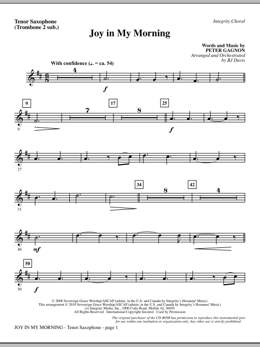 BJ Davis Joy In My Morning - Tenor Sax (Trombone 2 sub.) sheet music notes and chords. Download Printable PDF.
