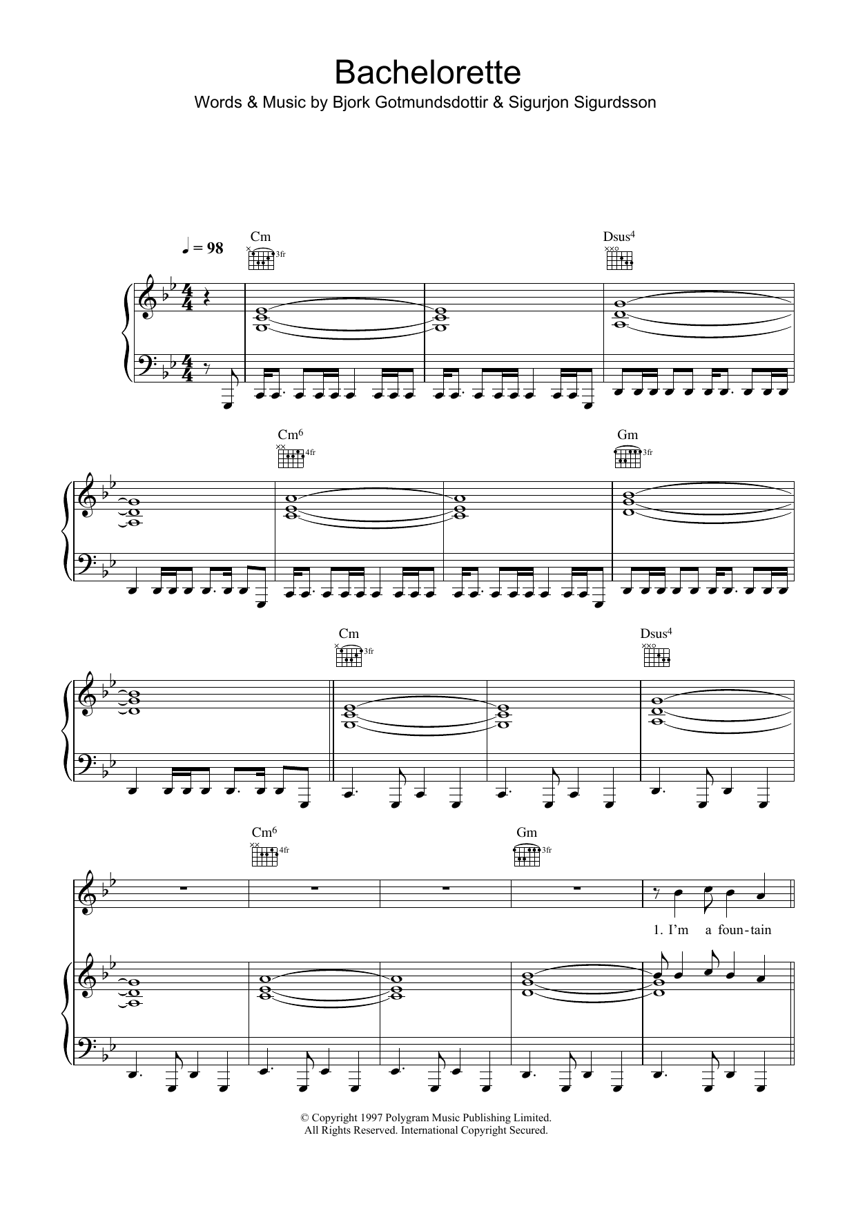 Bjork Gudmundsdottir Bachelorette sheet music notes and chords arranged for Piano, Vocal & Guitar Chords