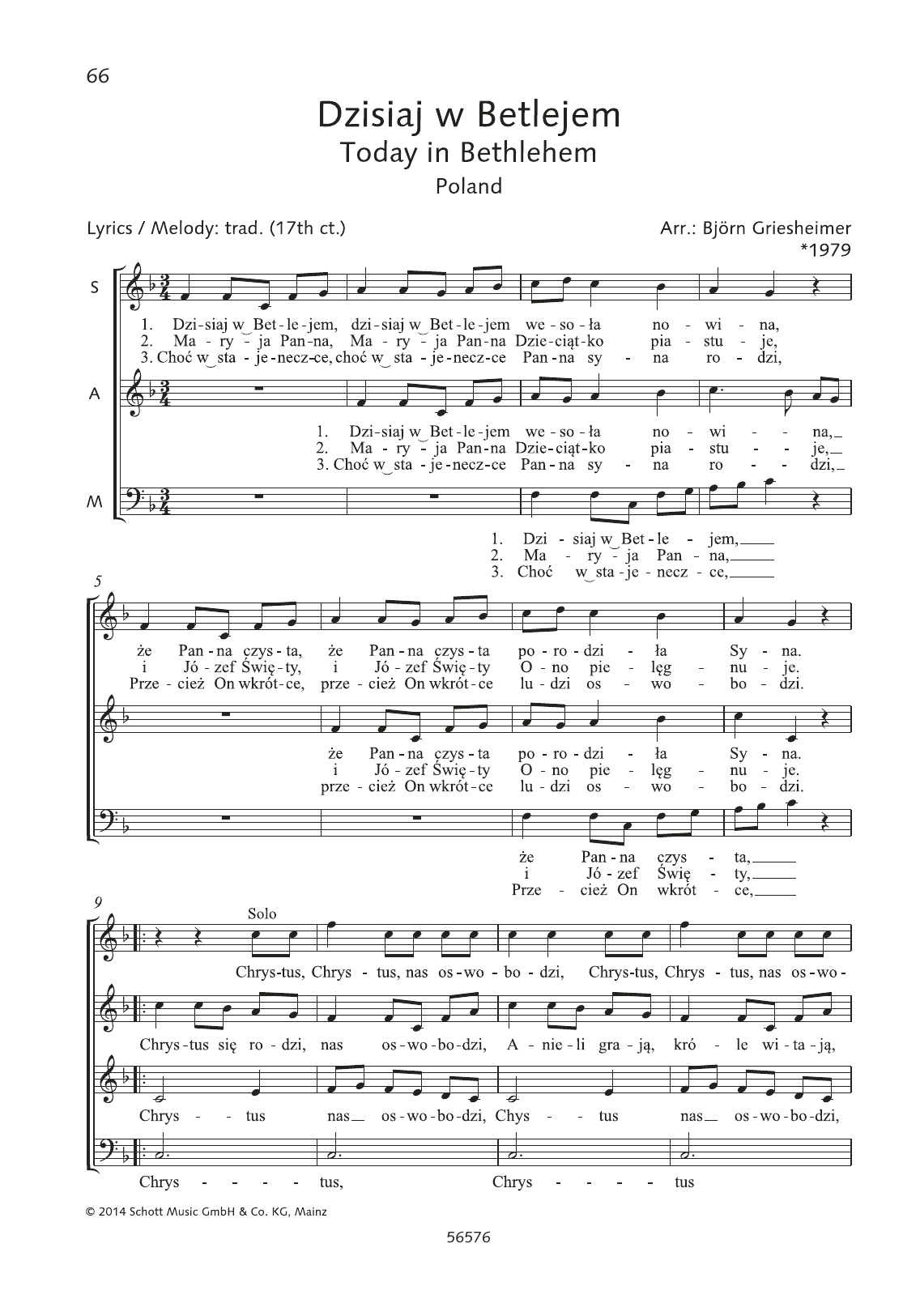 Björn Griesheimer Dzisiaj w Betlejem sheet music notes and chords arranged for Choir