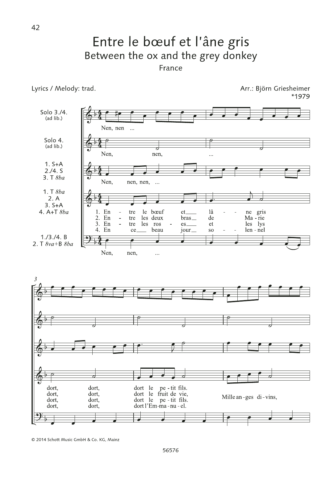 Björn Griesheimer Entre Le Boeuf Et L'ane Gris sheet music notes and chords arranged for Choir