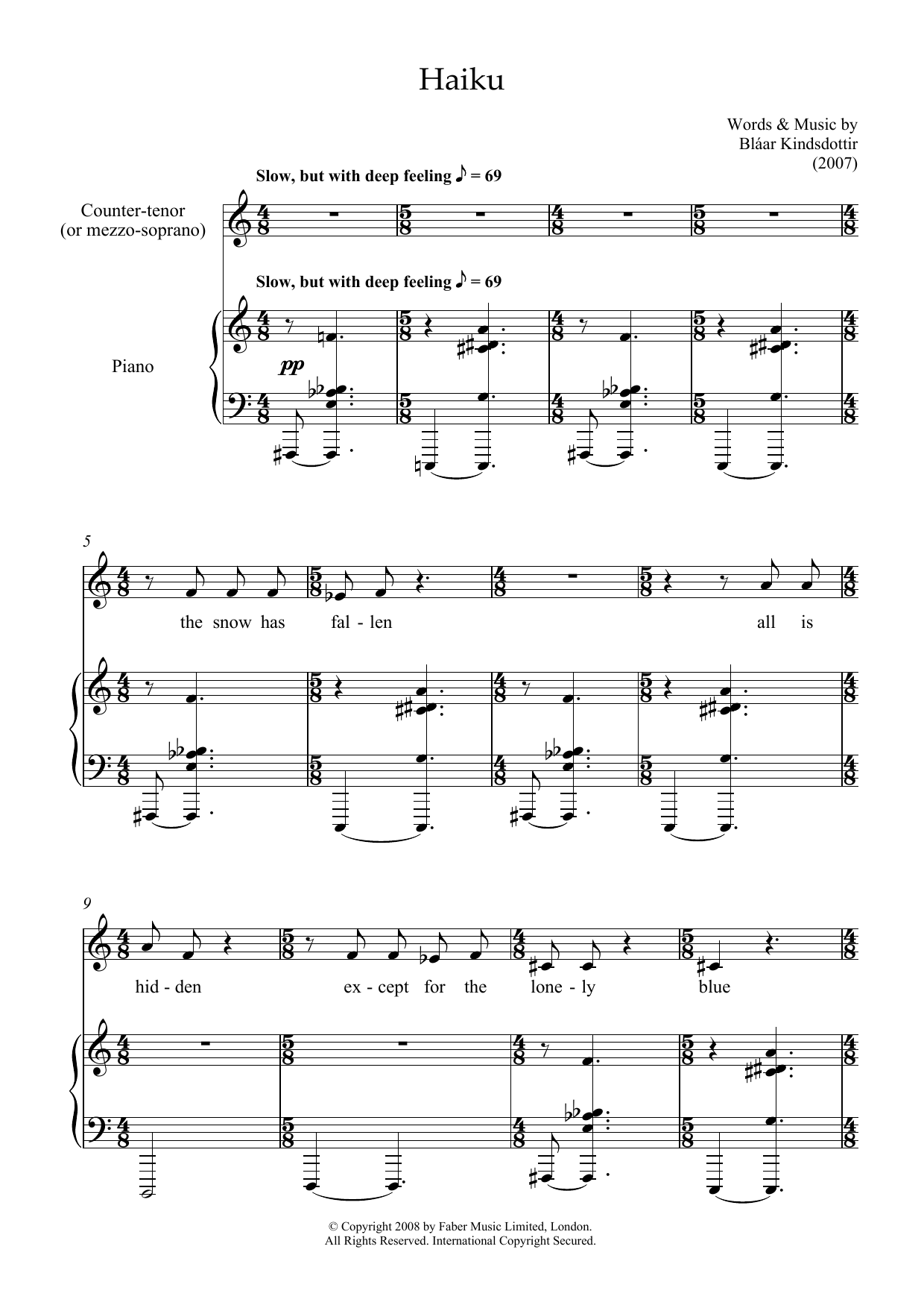 Blaar Kindsdottir Haiku (counter-tenor and piano) sheet music notes and chords arranged for Piano & Vocal