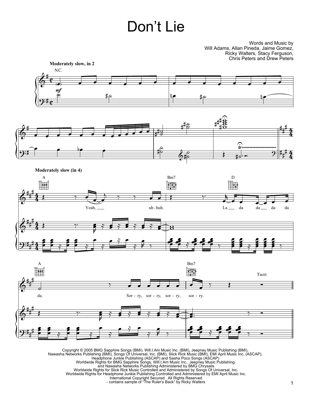 Black Eyed Peas Don't Lie sheet music notes and chords arranged for Piano, Vocal & Guitar Chords (Right-Hand Melody)