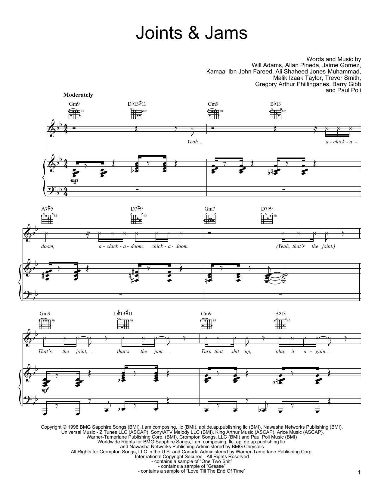Black Eyed Peas Joints & Jams sheet music notes and chords arranged for Piano, Vocal & Guitar Chords (Right-Hand Melody)