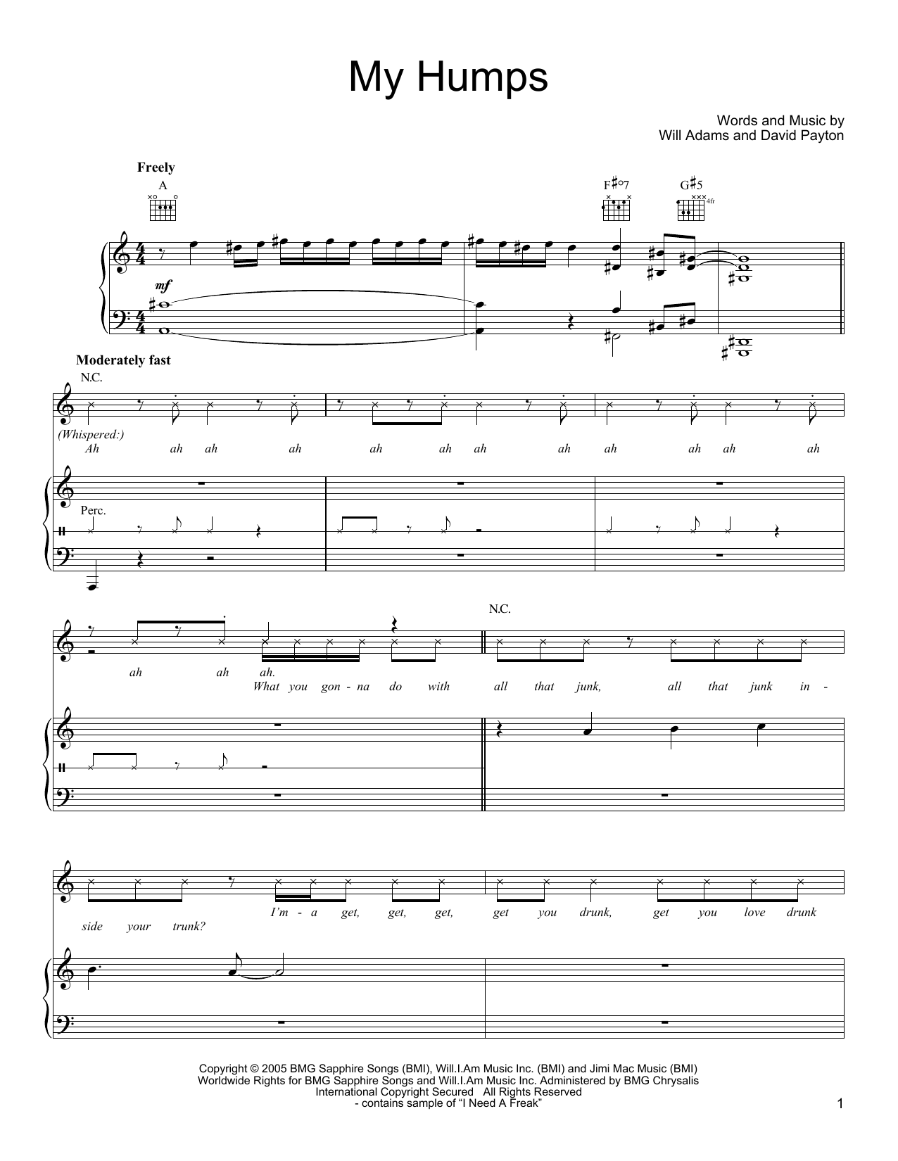 Black Eyed Peas My Humps sheet music notes and chords arranged for Piano, Vocal & Guitar Chords (Right-Hand Melody)