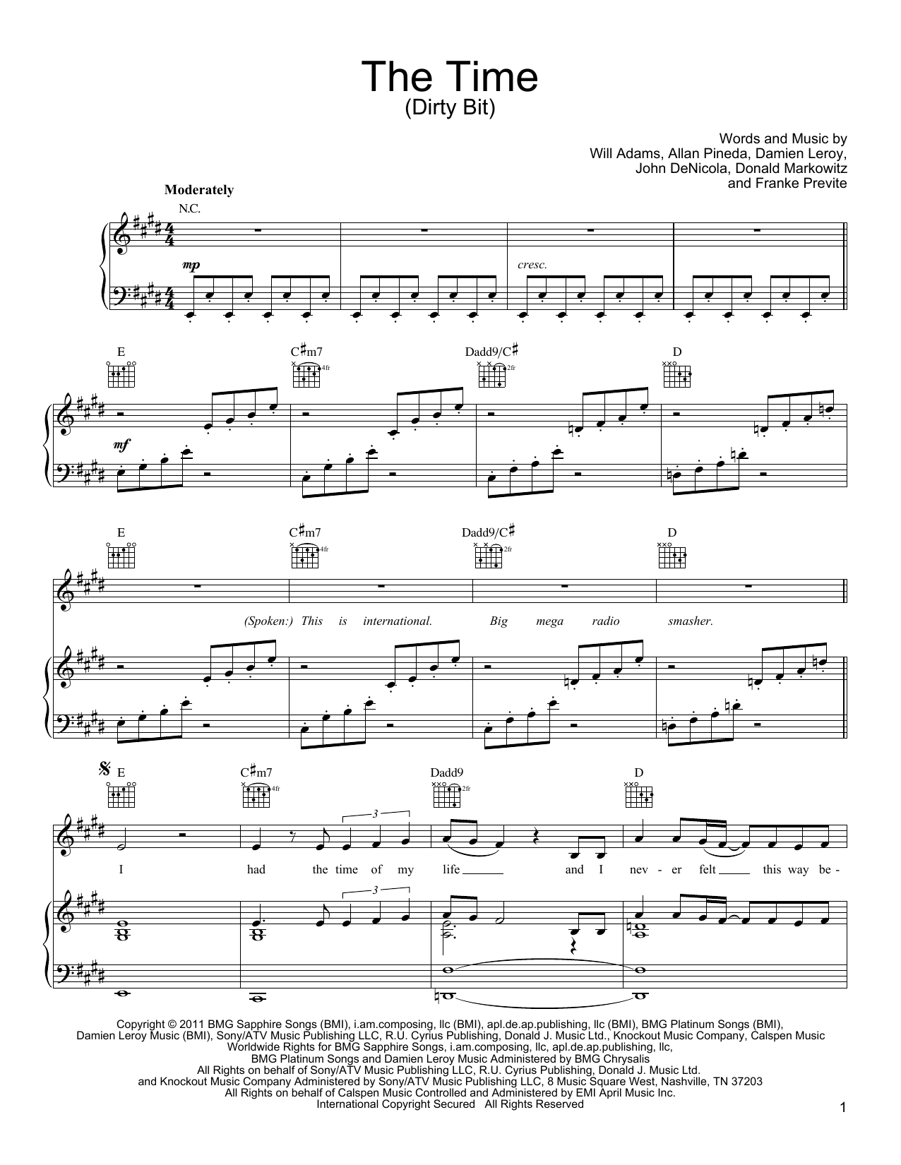 Black Eyed Peas The Time (Dirty Bit) sheet music notes and chords arranged for Piano, Vocal & Guitar Chords (Right-Hand Melody)