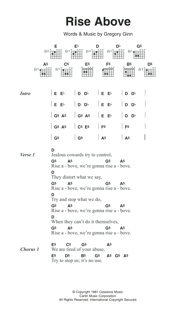Black Flag Rise Above sheet music notes and chords arranged for Guitar Chords/Lyrics