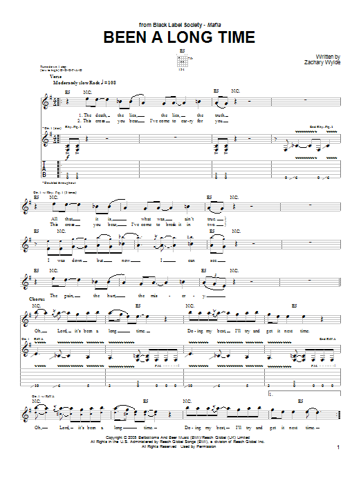 Black Label Society Been A Long Time sheet music notes and chords arranged for Guitar Tab