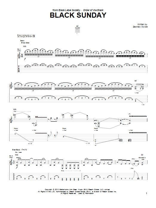 Black Label Society Black Sunday sheet music notes and chords arranged for Guitar Tab