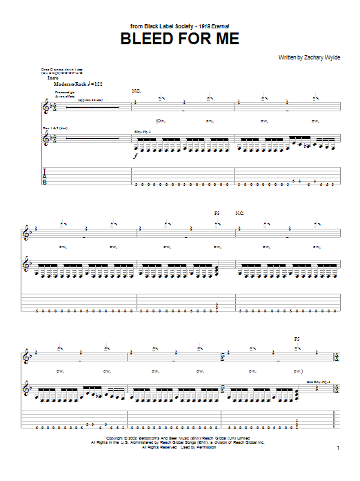 Black Label Society Bleed For Me sheet music notes and chords arranged for Guitar Tab