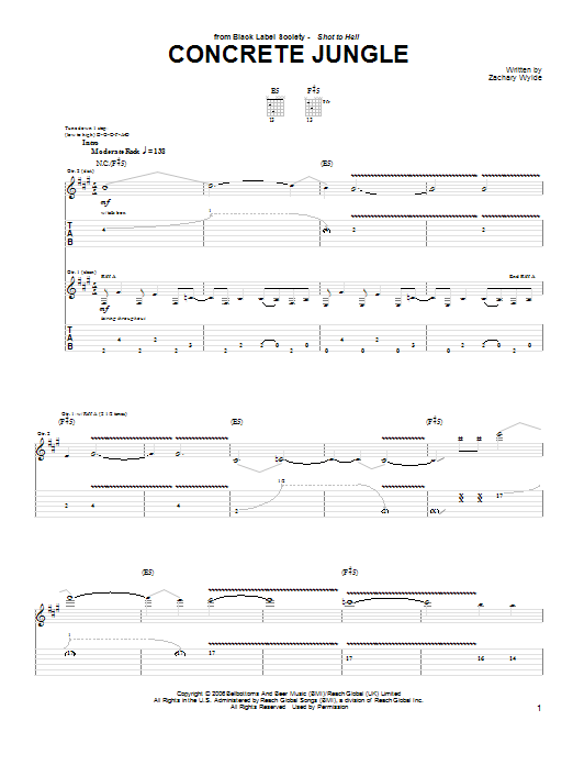 Black Label Society Concrete Jungle sheet music notes and chords arranged for Guitar Tab