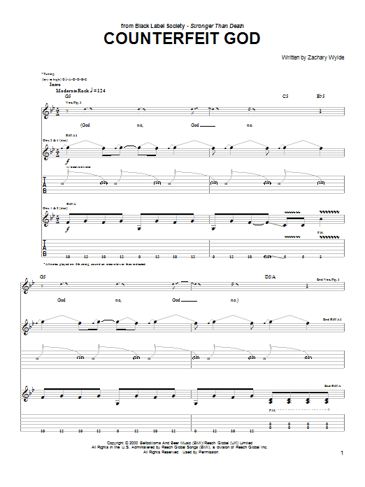 Black Label Society Counterfeit God sheet music notes and chords arranged for Guitar Tab