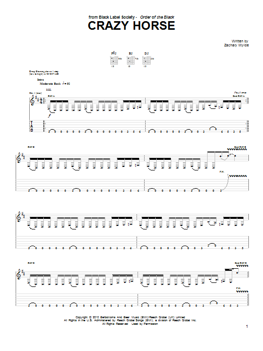 Black Label Society Crazy Horse sheet music notes and chords arranged for Guitar Tab