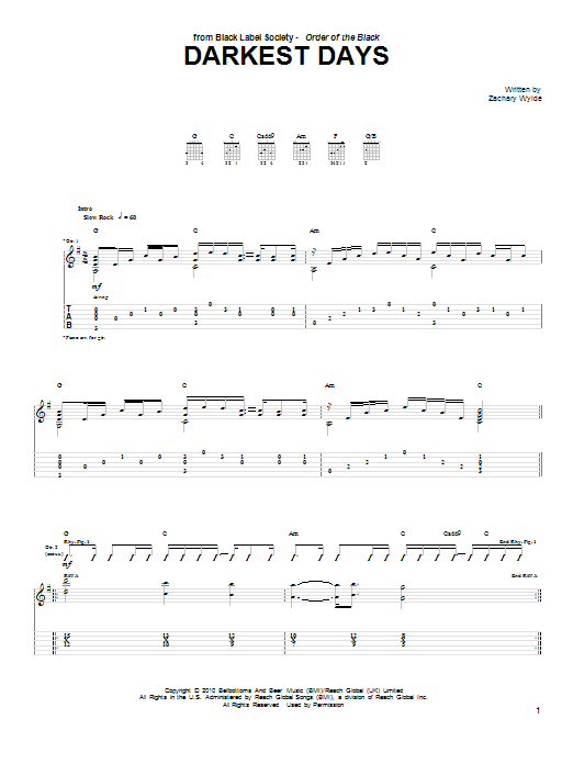 Black Label Society Darkest Days sheet music notes and chords arranged for Guitar Tab