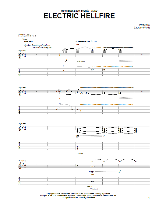 Black Label Society Electric Hellfire sheet music notes and chords arranged for Guitar Tab