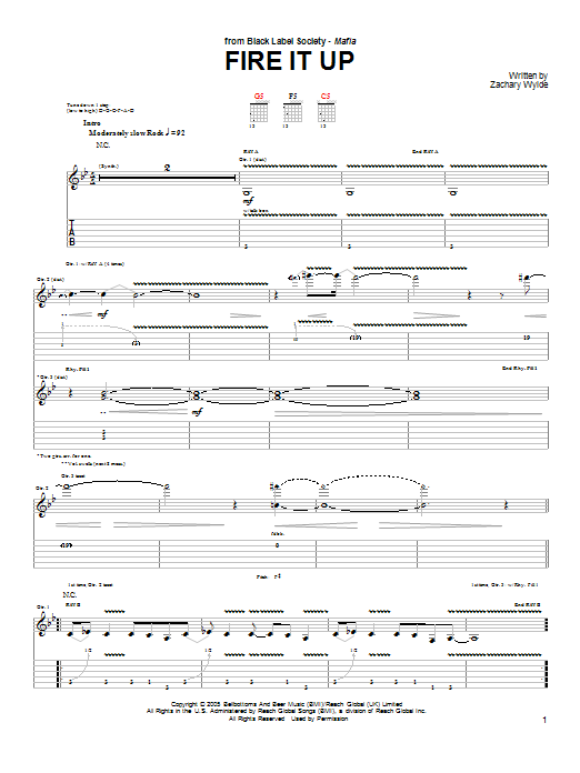 Black Label Society Fire It Up sheet music notes and chords arranged for Guitar Tab