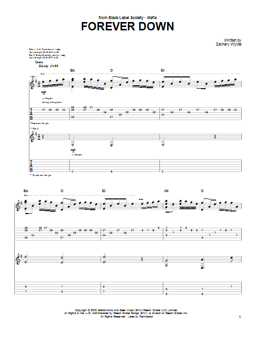 Black Label Society Forever Down sheet music notes and chords arranged for Guitar Tab