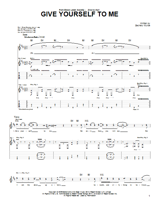 Black Label Society Give Yourself To Me sheet music notes and chords arranged for Guitar Tab