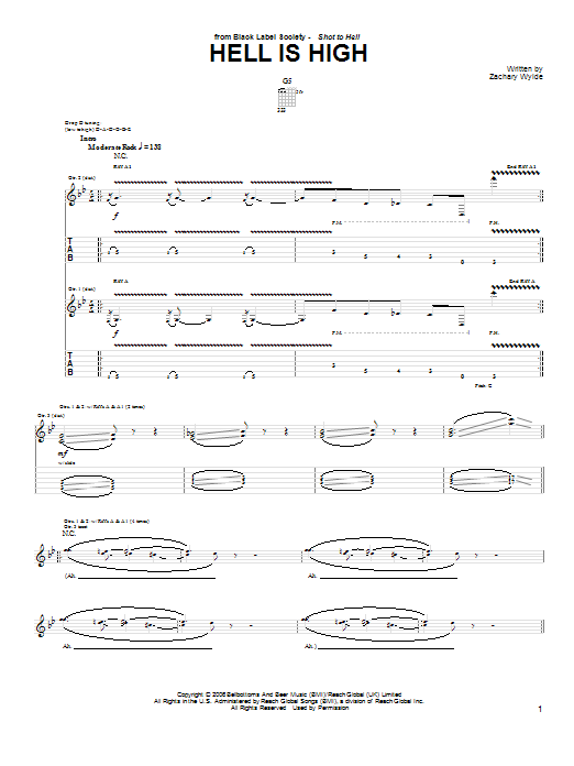 Black Label Society Hell Is High sheet music notes and chords arranged for Guitar Tab
