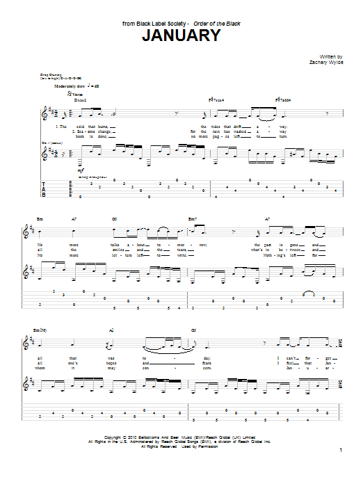 Black Label Society January sheet music notes and chords arranged for Guitar Tab
