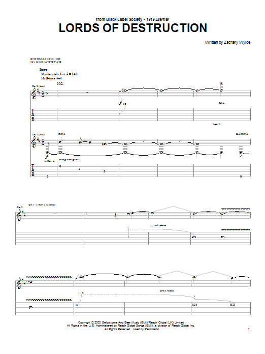 Black Label Society Lords Of Destruction sheet music notes and chords arranged for Guitar Tab