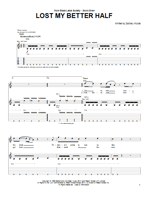 Black Label Society Lost My Better Half sheet music notes and chords arranged for Guitar Tab