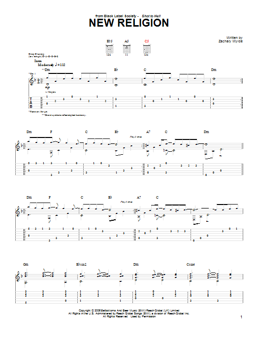 Black Label Society New Religion sheet music notes and chords arranged for Guitar Tab