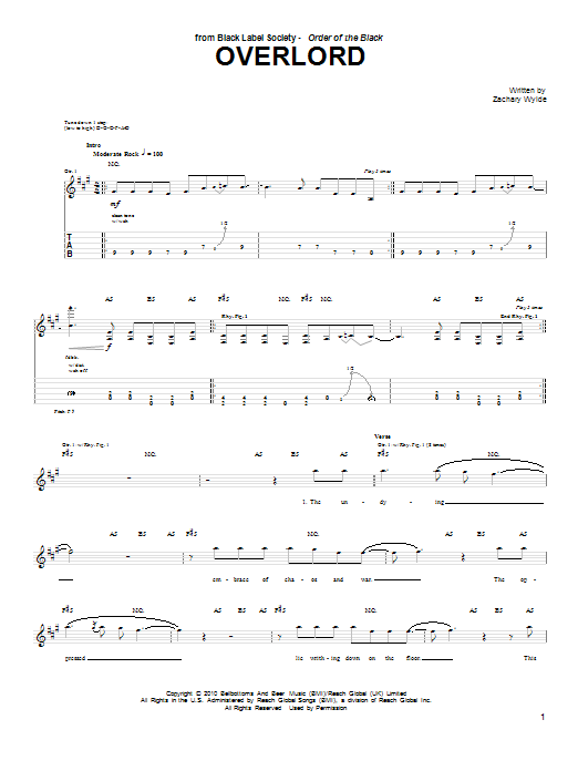 Black Label Society Overlord sheet music notes and chords arranged for Guitar Tab