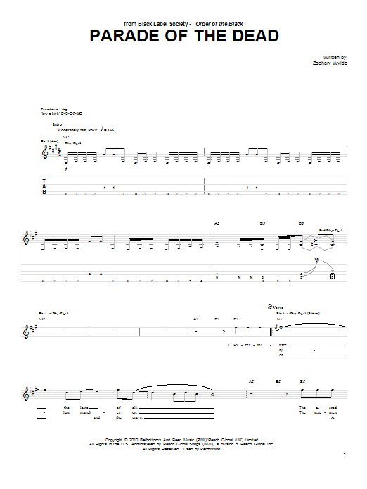 Black Label Society Parade Of The Dead sheet music notes and chords arranged for Guitar Tab