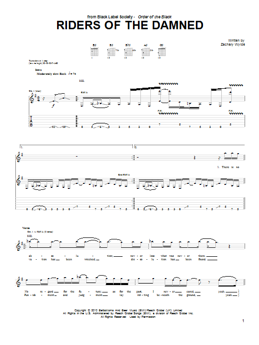 Black Label Society Riders Of The Damned sheet music notes and chords arranged for Guitar Tab