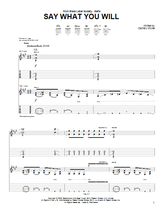 Black Label Society Say What You Will sheet music notes and chords arranged for Guitar Tab