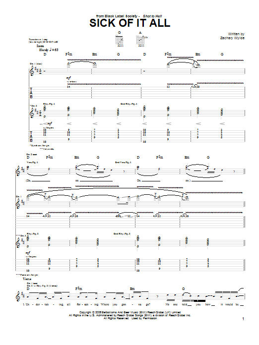 Black Label Society Sick Of It All sheet music notes and chords arranged for Guitar Tab