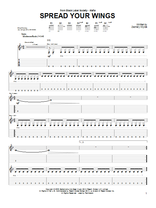 Black Label Society Spread Your Wings sheet music notes and chords arranged for Guitar Tab