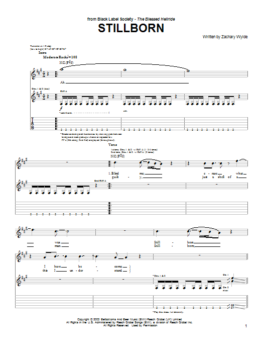 Black Label Society Stillborn sheet music notes and chords arranged for Guitar Tab