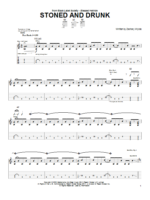 Black Label Society Stoned And Drunk sheet music notes and chords arranged for Guitar Tab