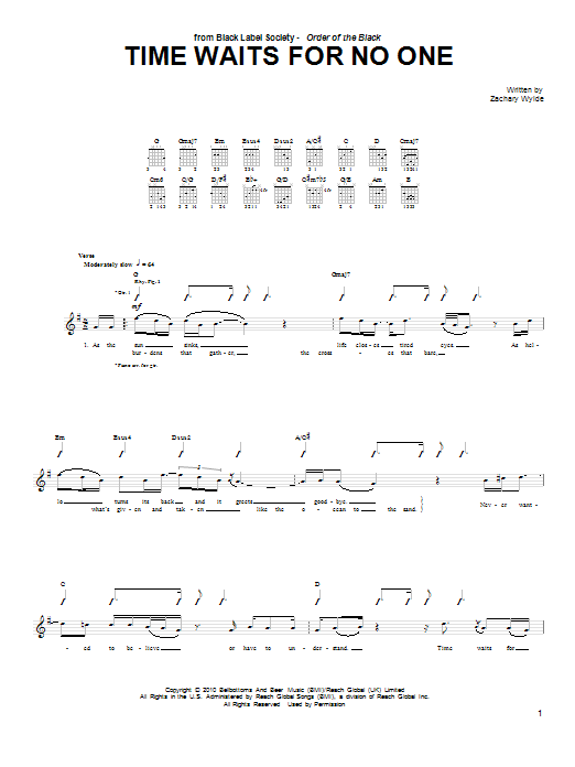 Black Label Society Time Waits For No One sheet music notes and chords arranged for Guitar Tab