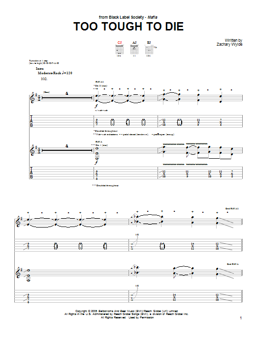 Black Label Society Too Tough To Die sheet music notes and chords arranged for Guitar Tab