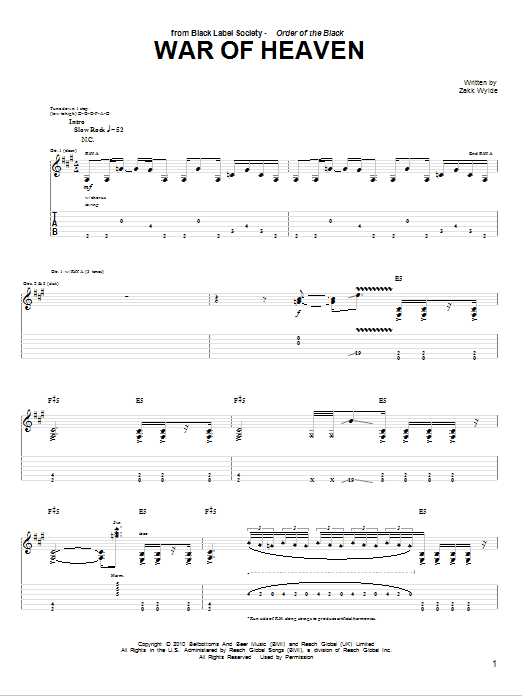 Black Label Society War Of Heaven sheet music notes and chords arranged for Guitar Tab