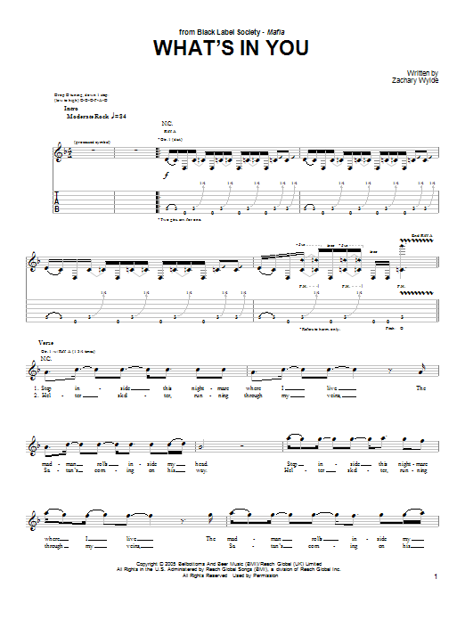 Black Label Society What's In You sheet music notes and chords arranged for Guitar Tab