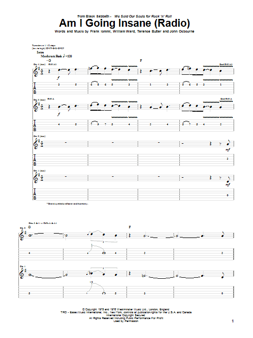 Black Sabbath Am I Going Insane (Radio) sheet music notes and chords arranged for Guitar Tab